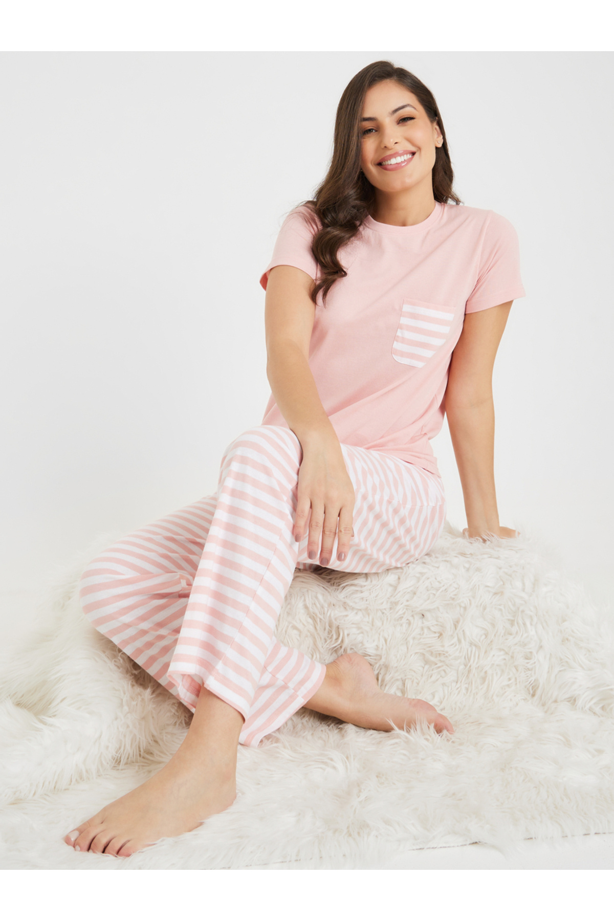 Styli طقم بيجامة وتيشيرت بجيب مخطط من القطن