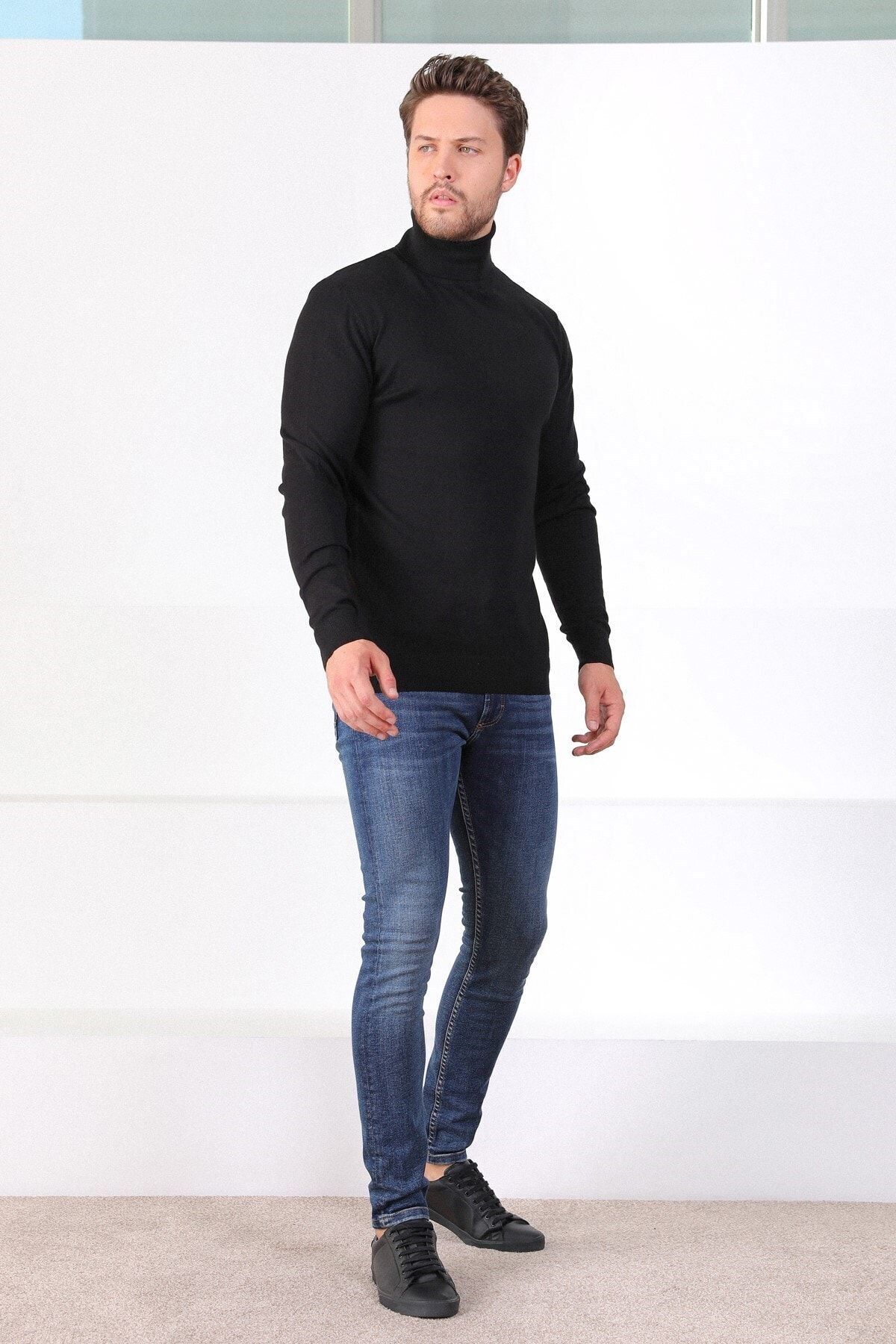 بافت و پلیور مردانه مشکی Ferraro | 3937-BalıkçıYaka اورجینال - تصویر 4