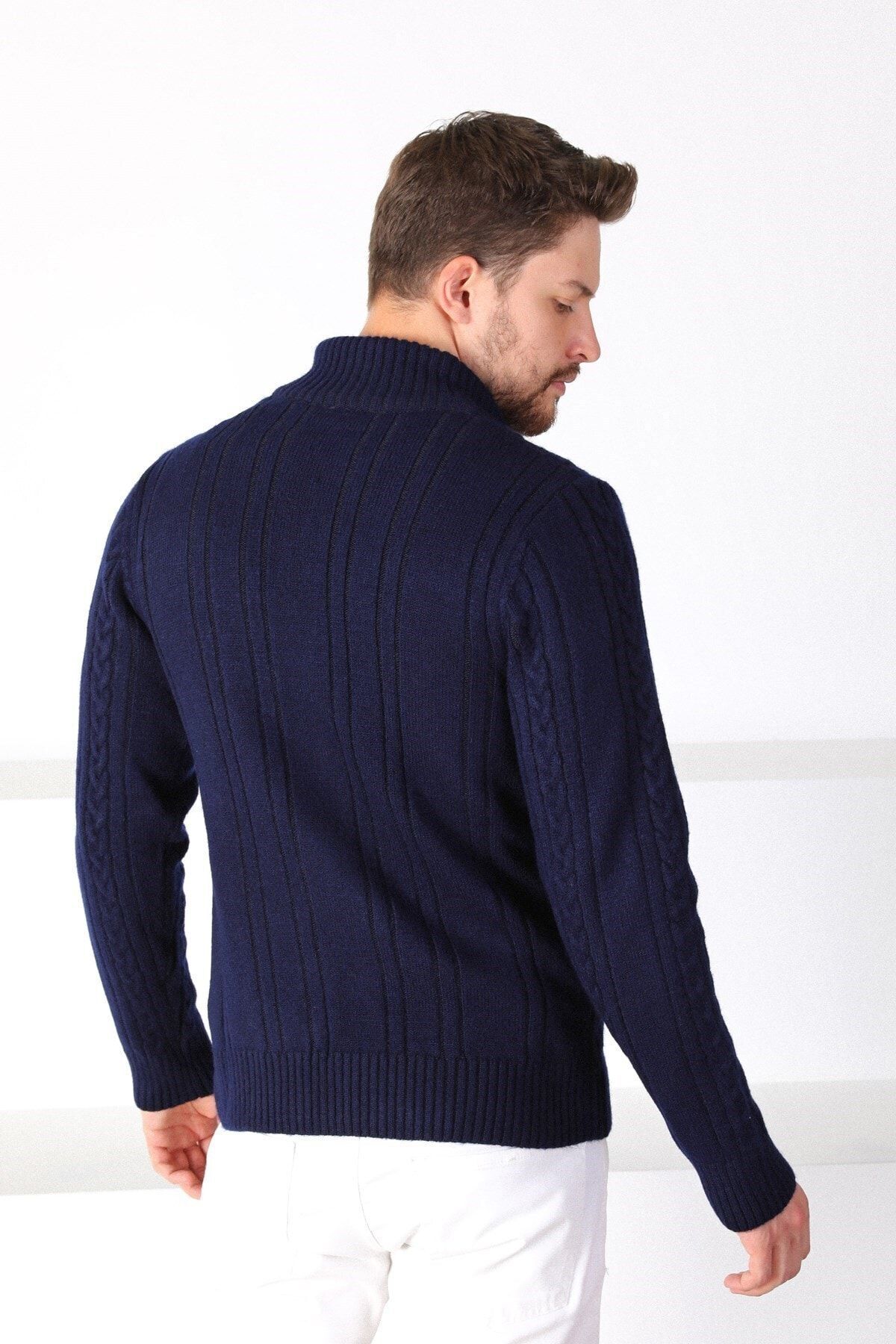Ferraro  Erkek Lacivert Fermuarlı Kalın Yün Triko Hırka - Görsel 5