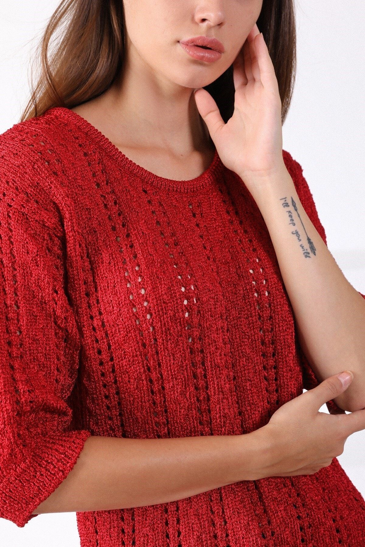 Ferraro-Women's Red Round Neck Openwork Knitwear Sweater 2
