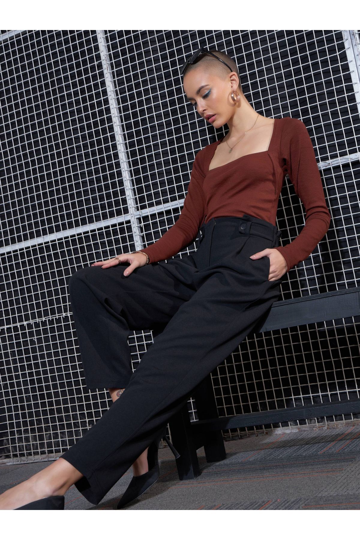 Sassafras By Styli-Front Button Paperbag Waist Pants 2