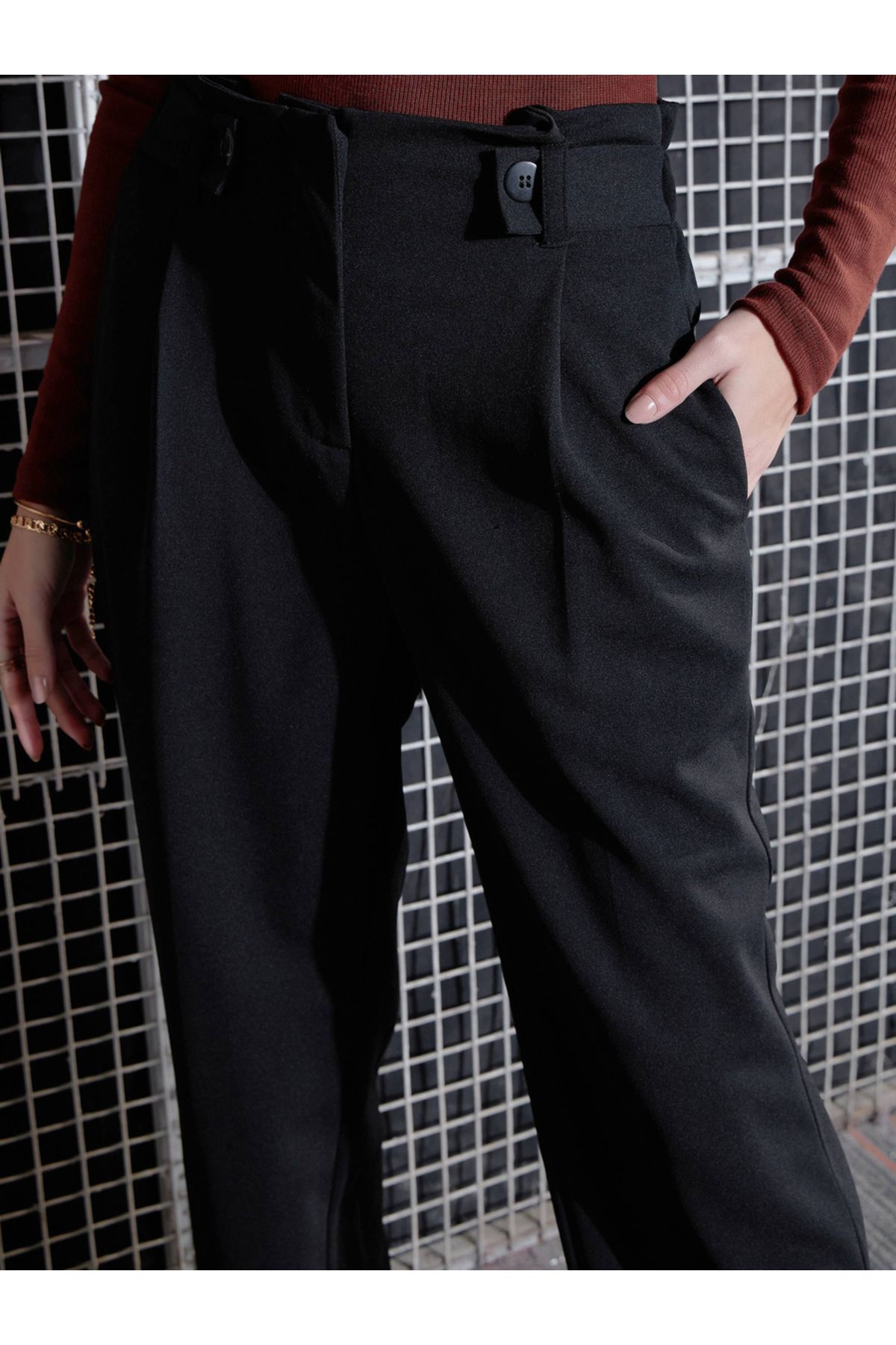 Sassafras By Styli-Front Button Paperbag Waist Pants 4
