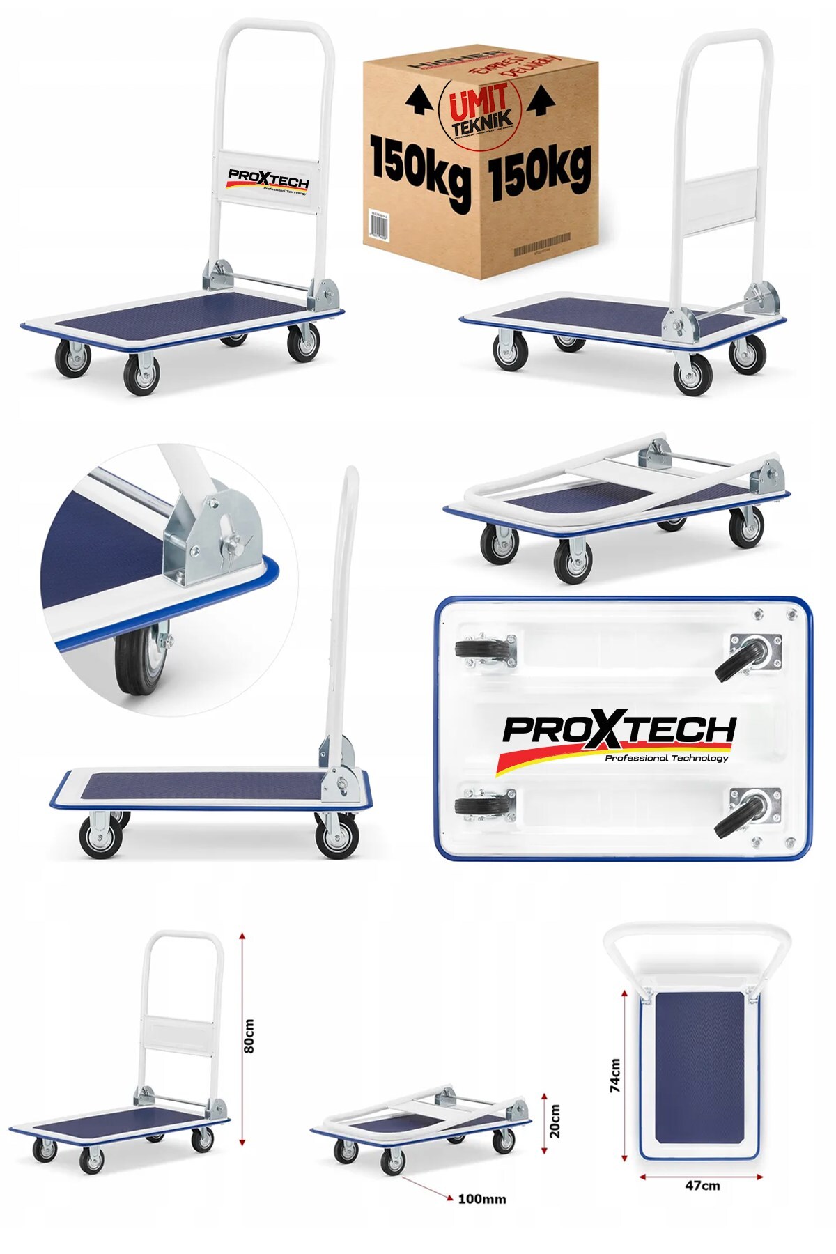 PROXTECH Çok Fonksiyonlu Yüksek Platformlu 150 Kg Kapasiteli Katlanır Depo,Ürün,Paket Taşıma Arabası