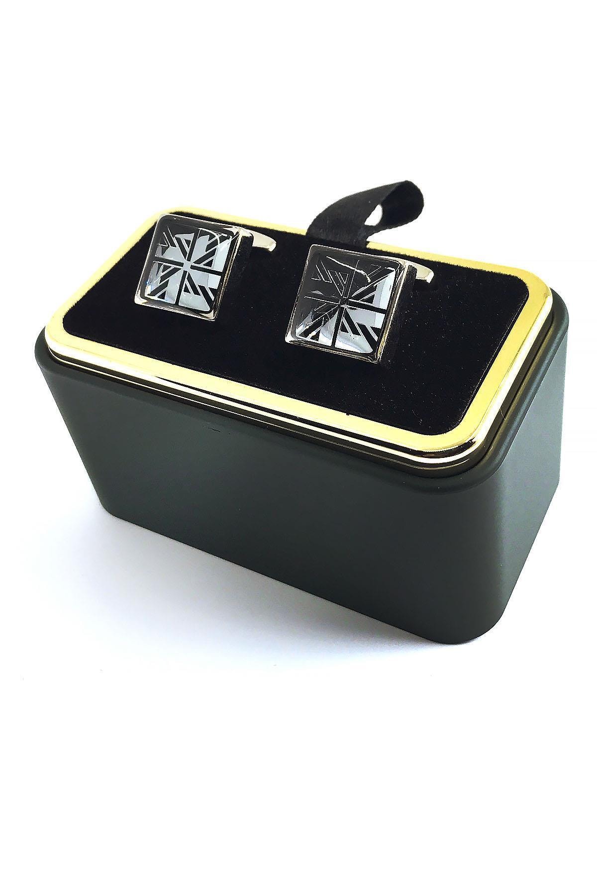  دکمه سرآستین مشکی نقره‌ای طرح‌دار Kd1360