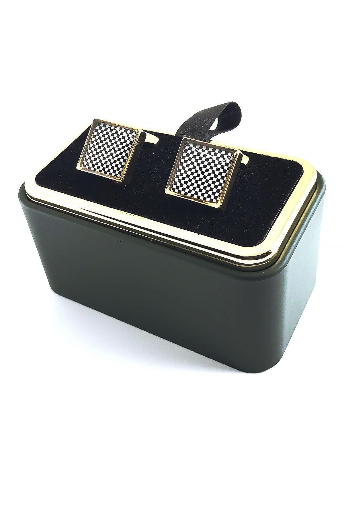  دکمه سرآستین مربعی مشکی و سفید طلایی رنگ KD1347