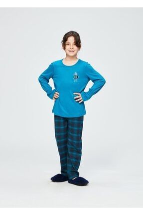 Kız Çocuk Petrol O Yaka Altı Flanel Uzun Kollu Pijama Takımı K0218K0003