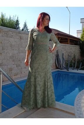 Mint Yeşili Güpür Truvakar Kol V Yaka Uzun Boydan Abiye Elbise MİNT1234