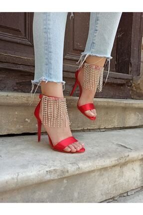 Kırmızı Saten Bileklik Taşlı 11 cm Kadın Tek Bant Ayakkabı DS-BEGONVİL