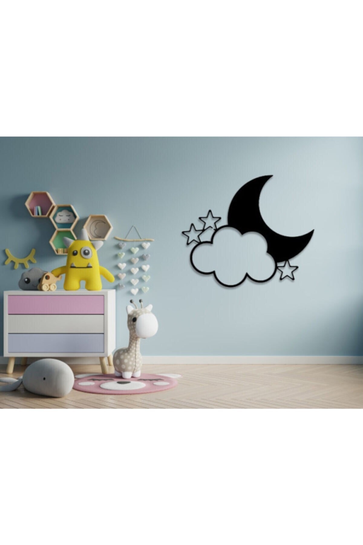Black Wooden Cloud Moon And Starred Wall Decor - Living Room Living Bed 40x50cm Table For Children's Room