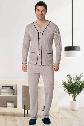 Erkek Kahverengi Önden Düğmeli Yazlık Büyük Beden Pijama Takımı B22767MT