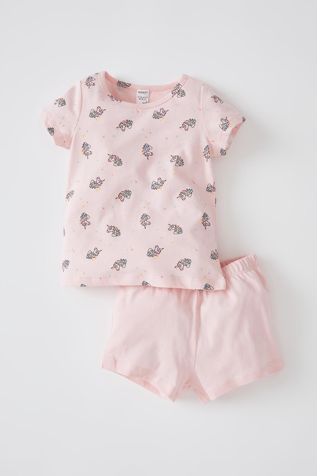 Kız Bebek Unicorn Desenliı Kısa Kollu Pamuklu Pijama Takımı V7238A221HS