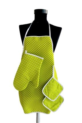 3 Parça Yeşil Mutfak Seti Sıvı Geçirmez Mutfak Önlüğü Isı Geçirmez Fırın Eldiveni Ve Tutacak Takımı mrly-03