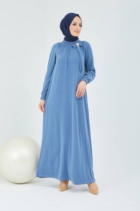 Yakası Ve Kolları Büzgüllü Tesettür Ferace Elbise Ecm4850 Mavi ECM4850
