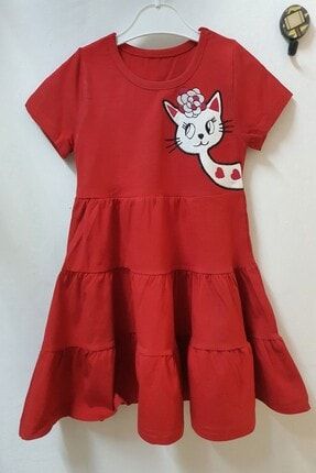 Kız Çoçuk Kedi Işlemeli Elbise 4-8 Yaş E012