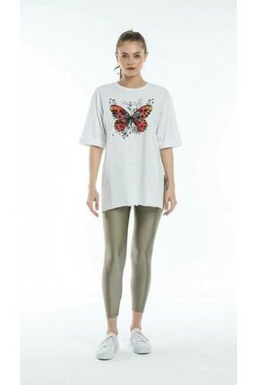 Kelebek Desenli Ve Beyaz Pamuk Bisiklet Yaka Yırtmaçlı T-shirt aykelebbey22