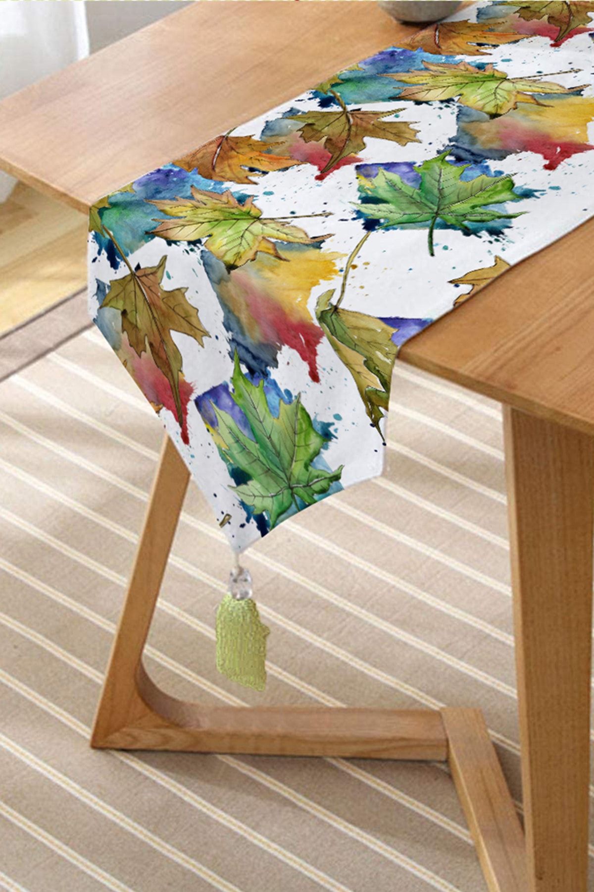 Realhomes-Autumn Leaf Patterned Digital Printed Special Design Tufted Chenille Triangle Runner on White Background 2