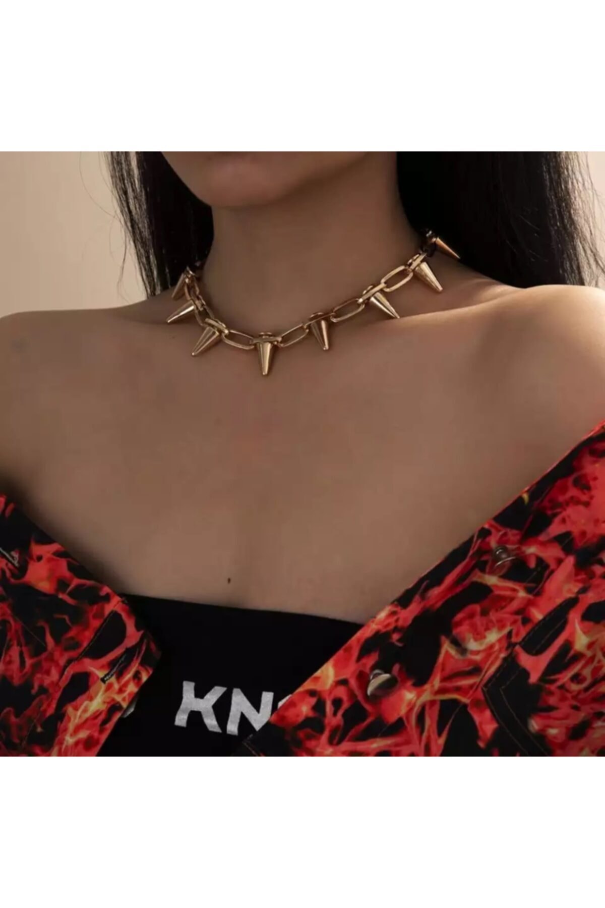 Gothic Punk Perçimli Spike Zincir Kolye 4
