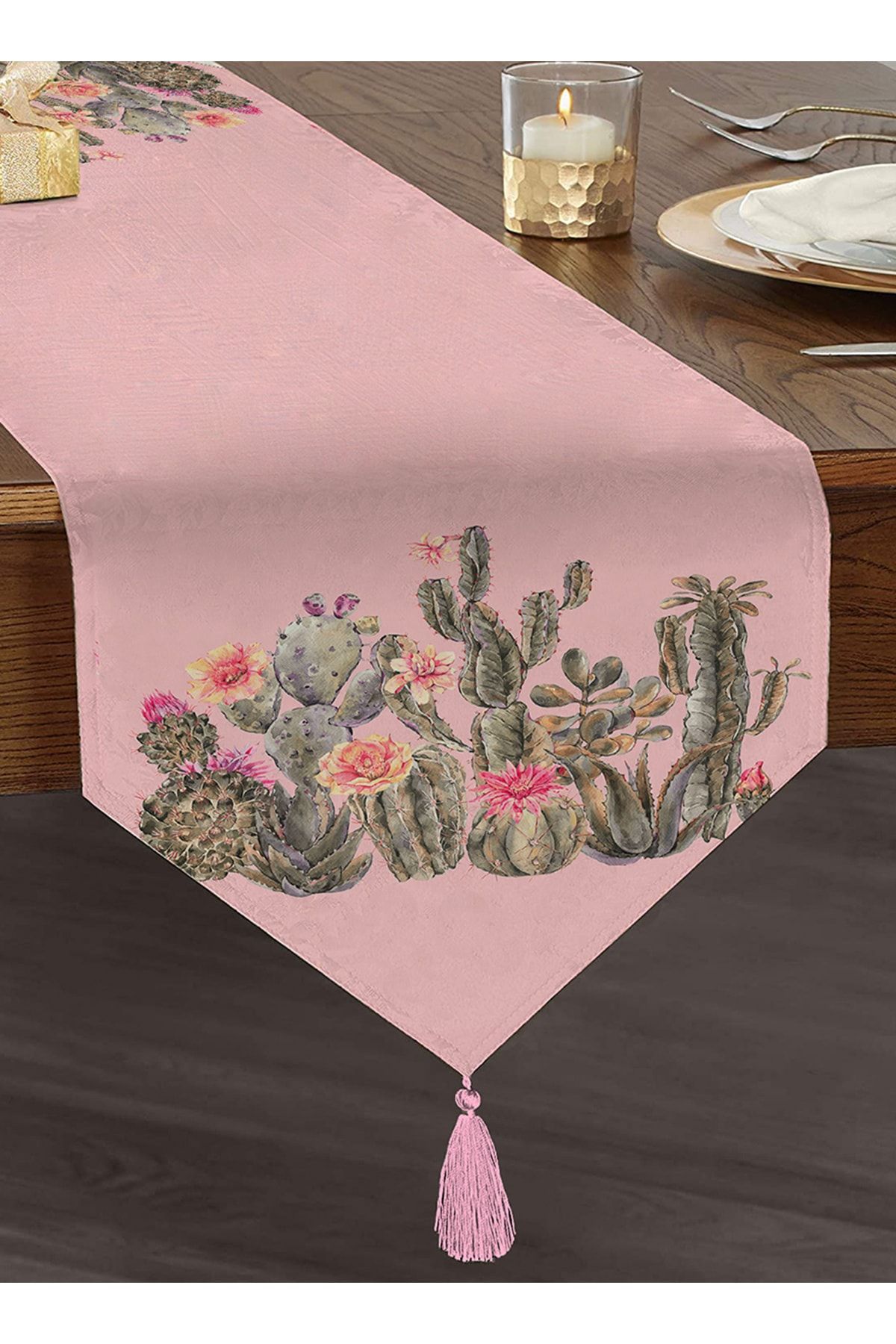 Realhomes Alergăr Triunghi De Chenille Cu Ciucuri Cu Design Special Imprimat Digital Cu Model De Cactus Pe Fundal Colorat - One Size