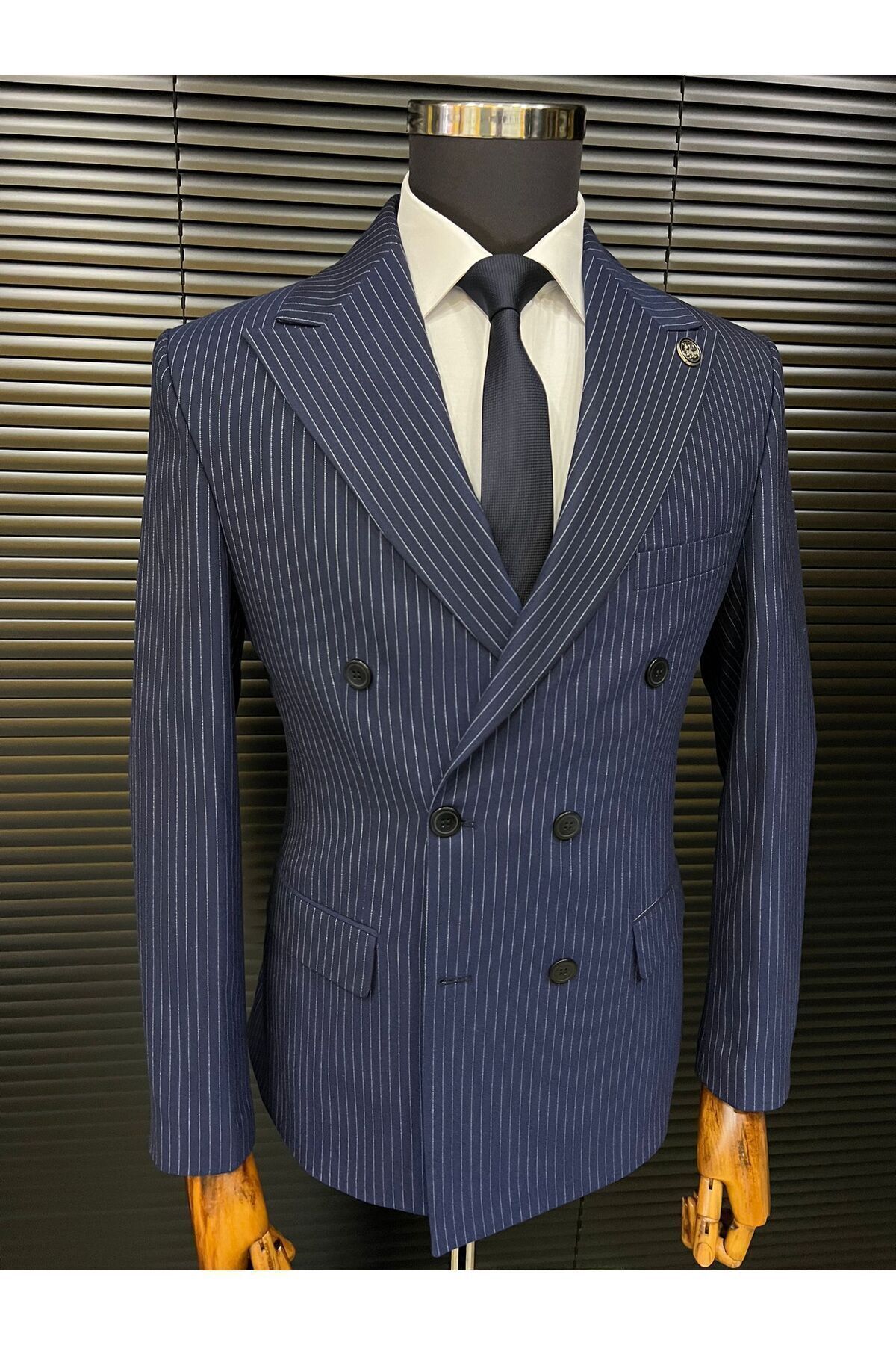 Terziayhan  lacivert slim fit çizgili kemik düğme kruvaze - Görsel 3