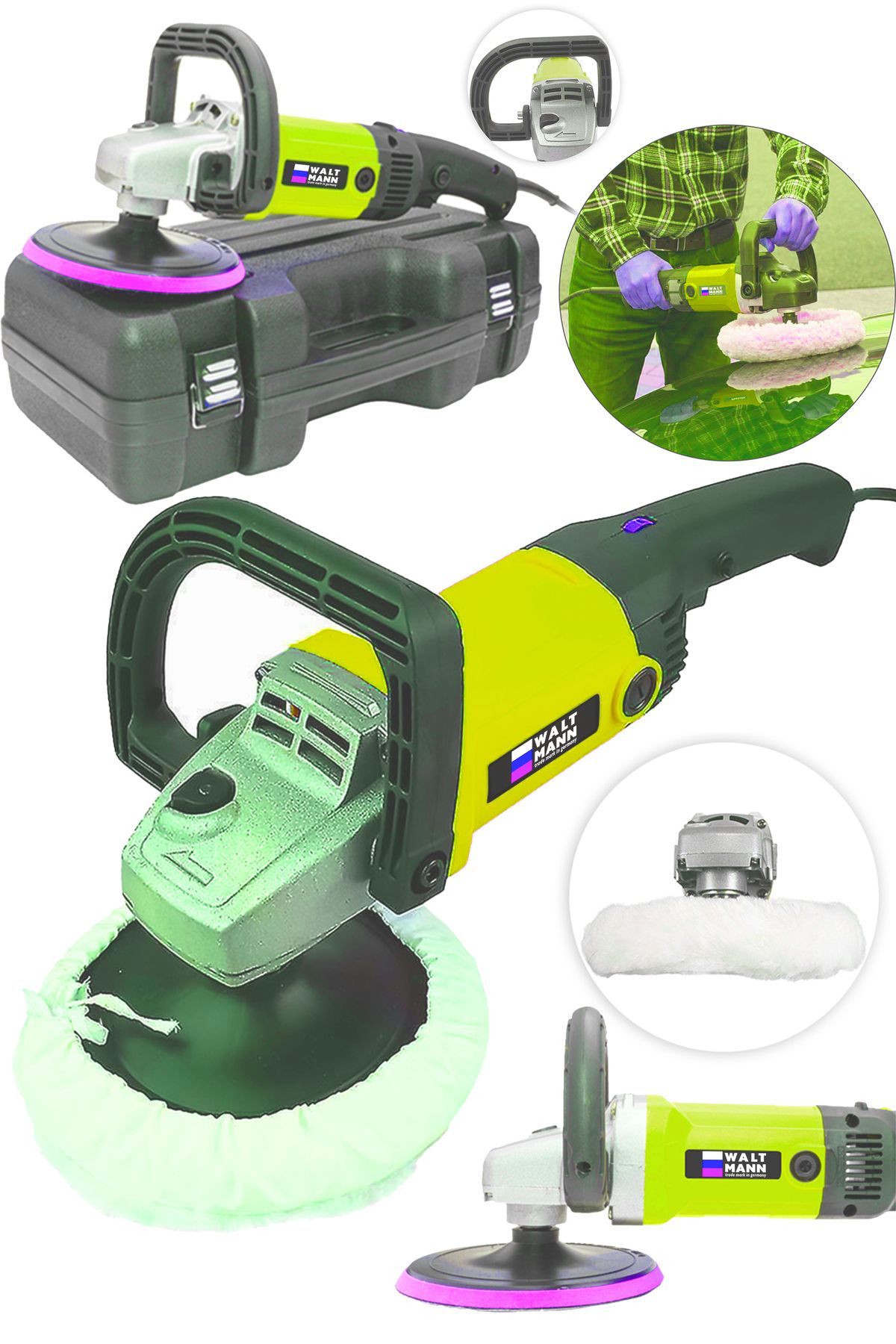 WaltMann Devir Ayarlı Polisaj Makinesi 1800 Watt 180mm 6 Kademeli Pasta Cila Kiti Hediye sarı