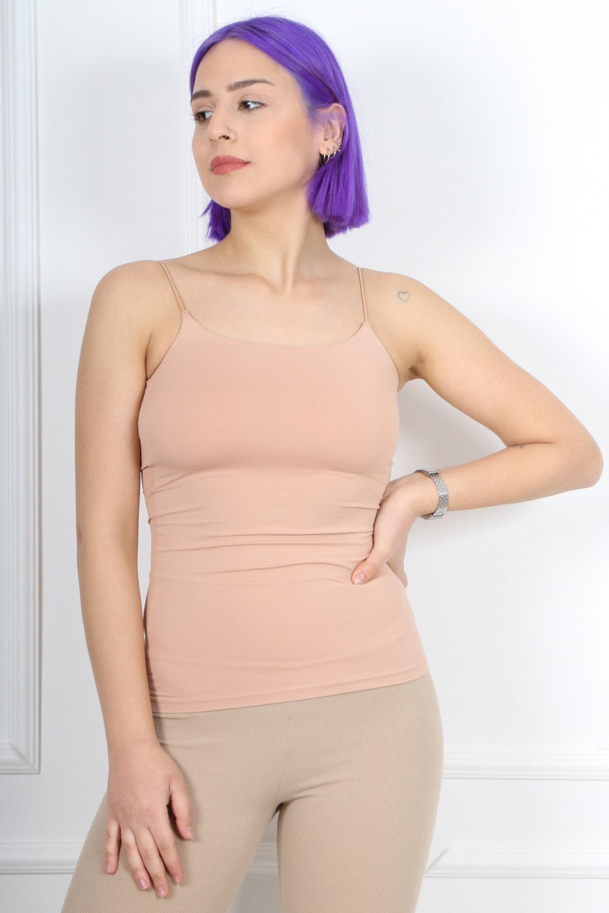 CİDDE-Tricou lung pentru femei, bej, cu cureaua de frânghie M 1