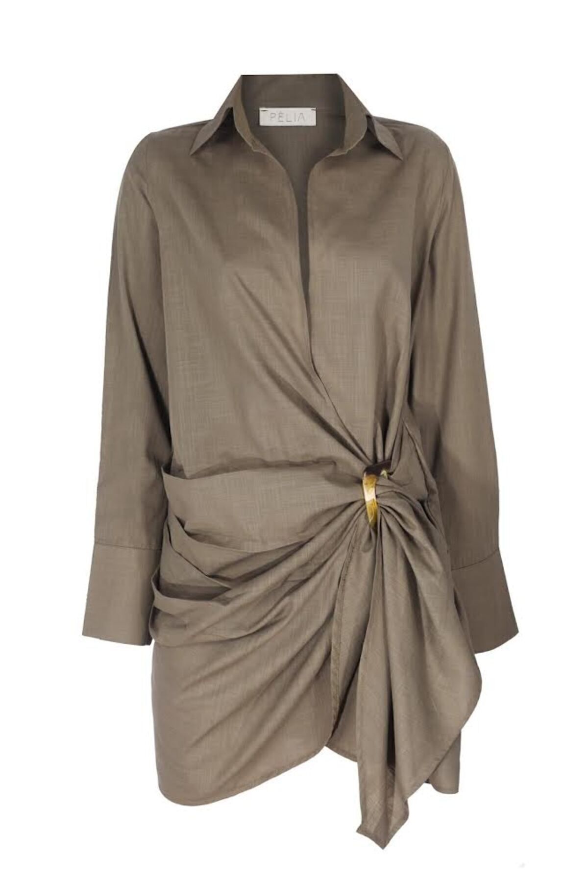 PELIA Libari Haki Yeşil Keten Gömlek Elbise