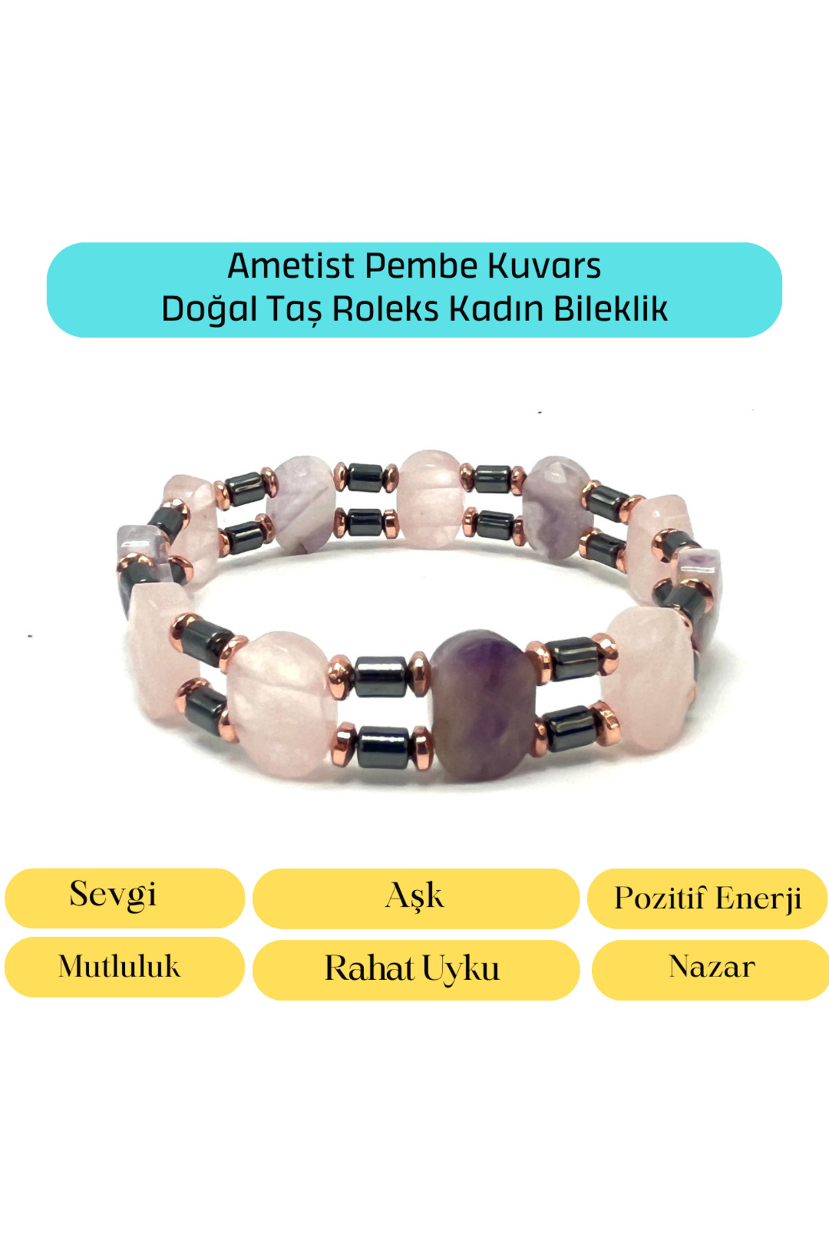 CERTIFIED Amethyst Pink Quartz Hematite Natural Stone Rolex Women's Bracelet
