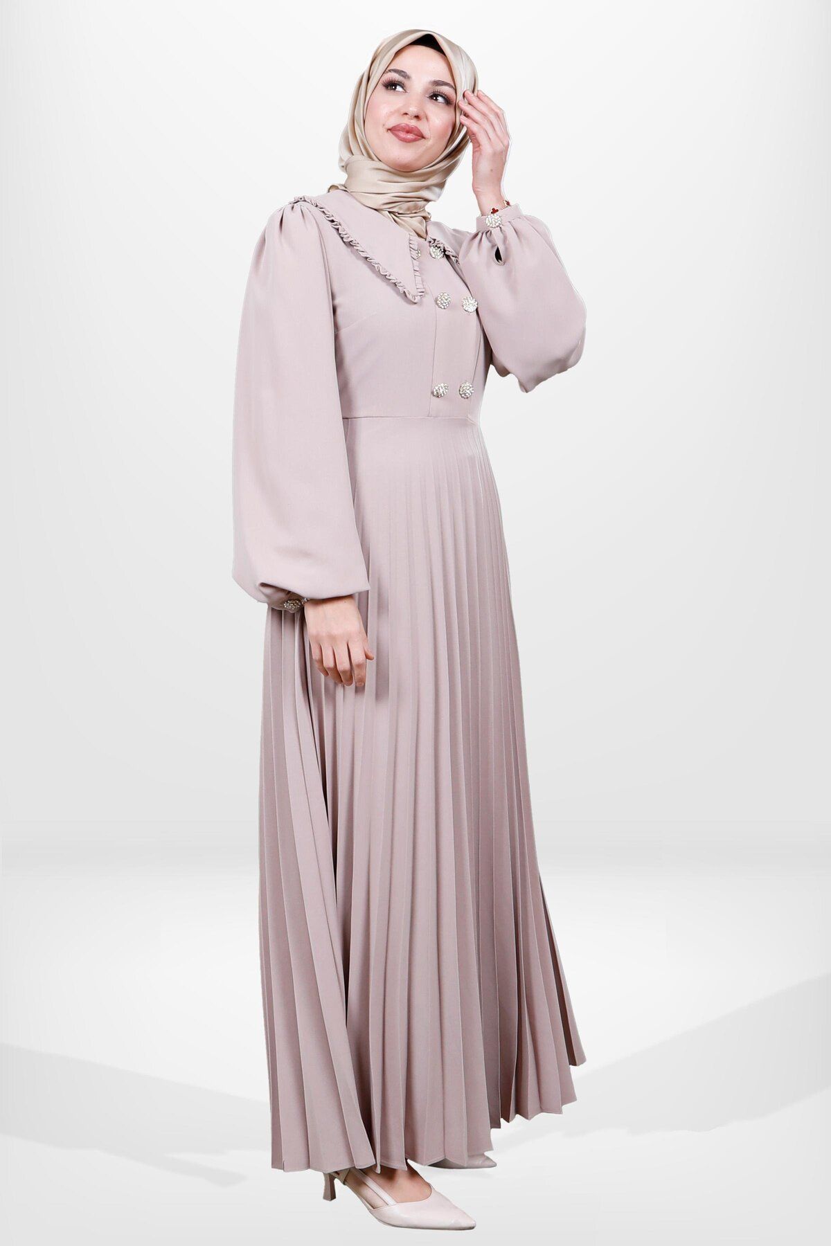 پیراهن پوشیده زنانه دکمه تفصیلی SPEP PILISE BEJ COLOR HIJAB 5564 Beyza