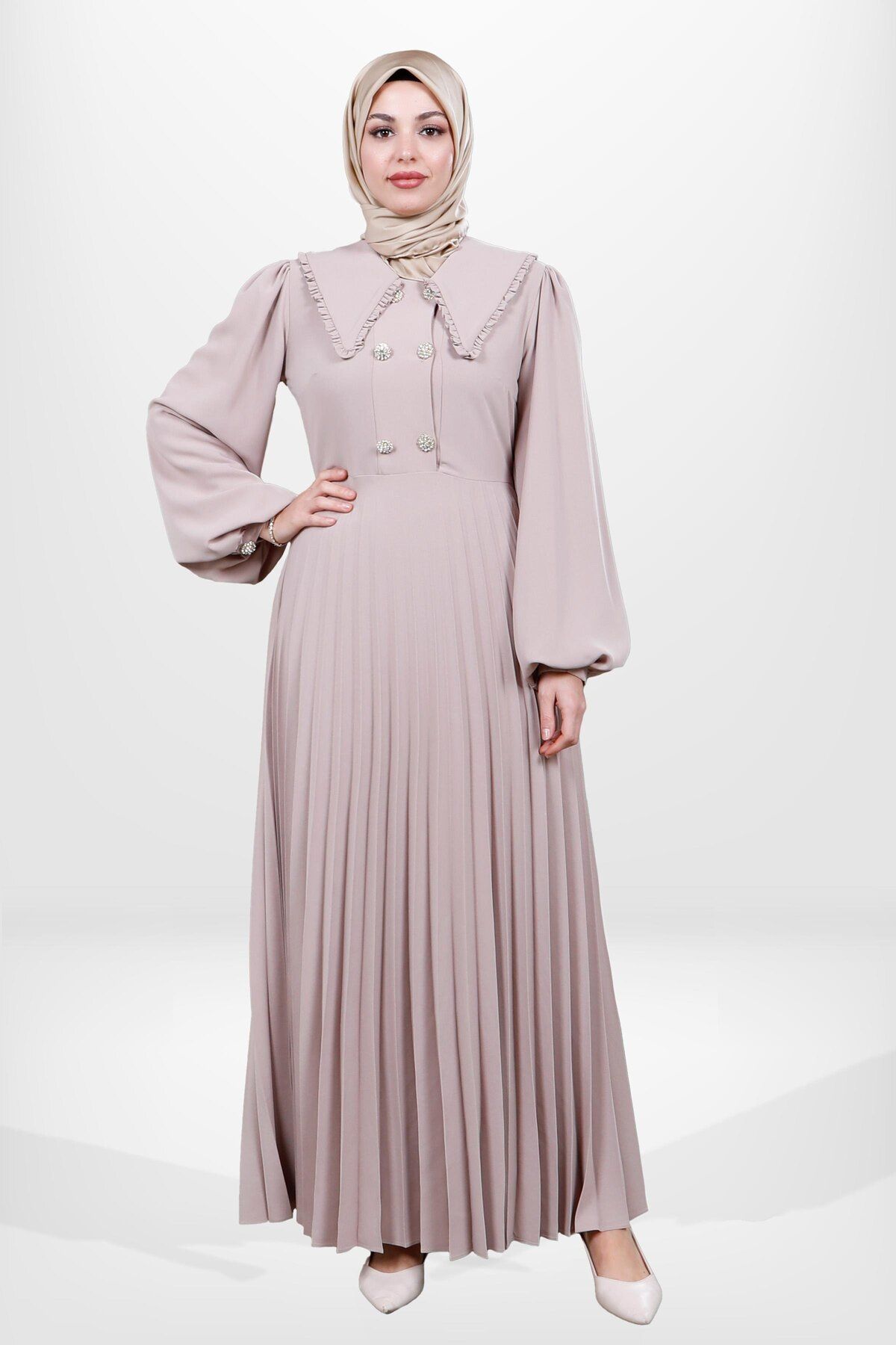 پیراهن پوشیده زنانه دکمه تفصیلی SPEP PILISE BEJ COLOR HIJAB 5564 Beyza
