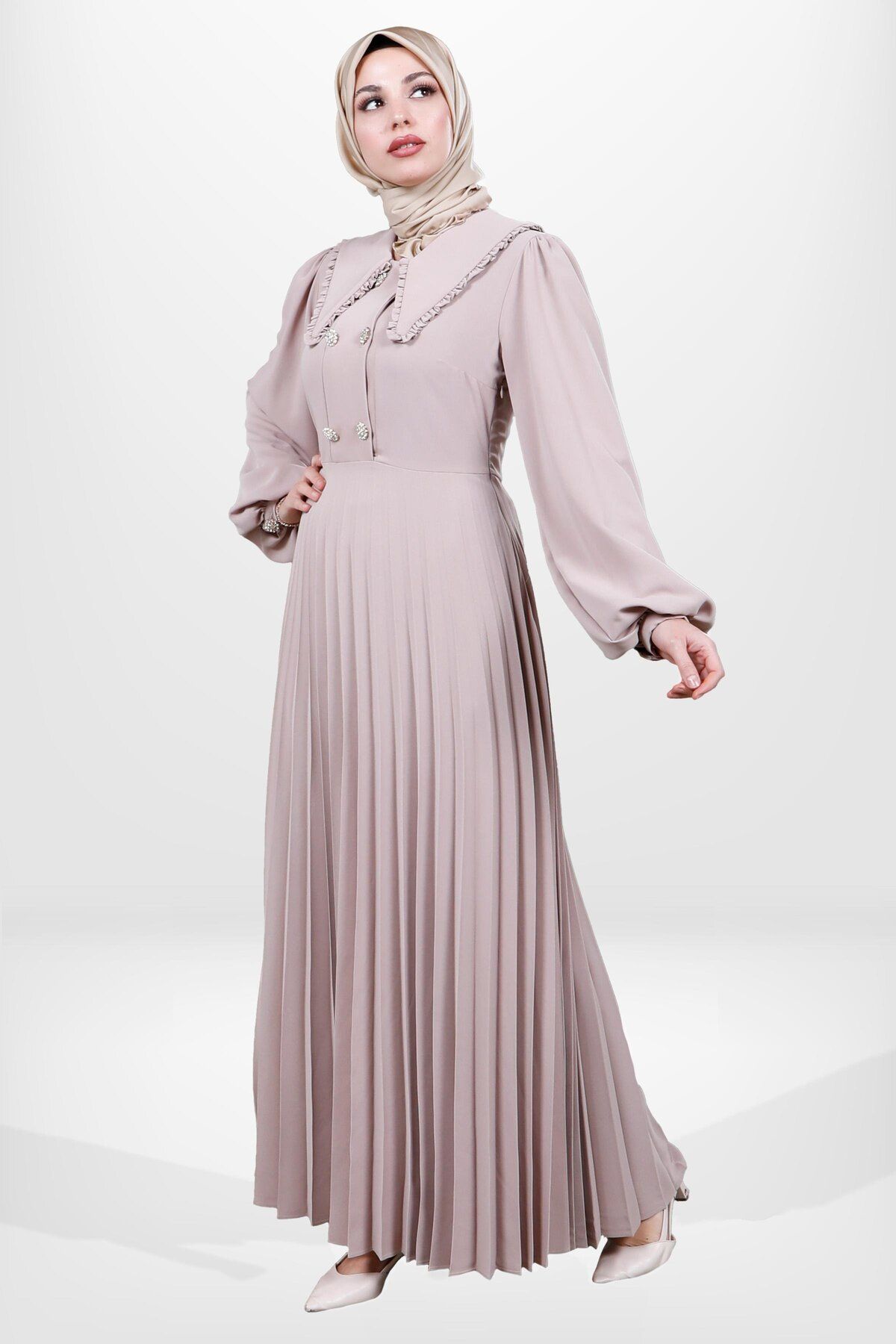پیراهن پوشیده زنانه دکمه تفصیلی SPEP PILISE BEJ COLOR HIJAB 5564 Beyza