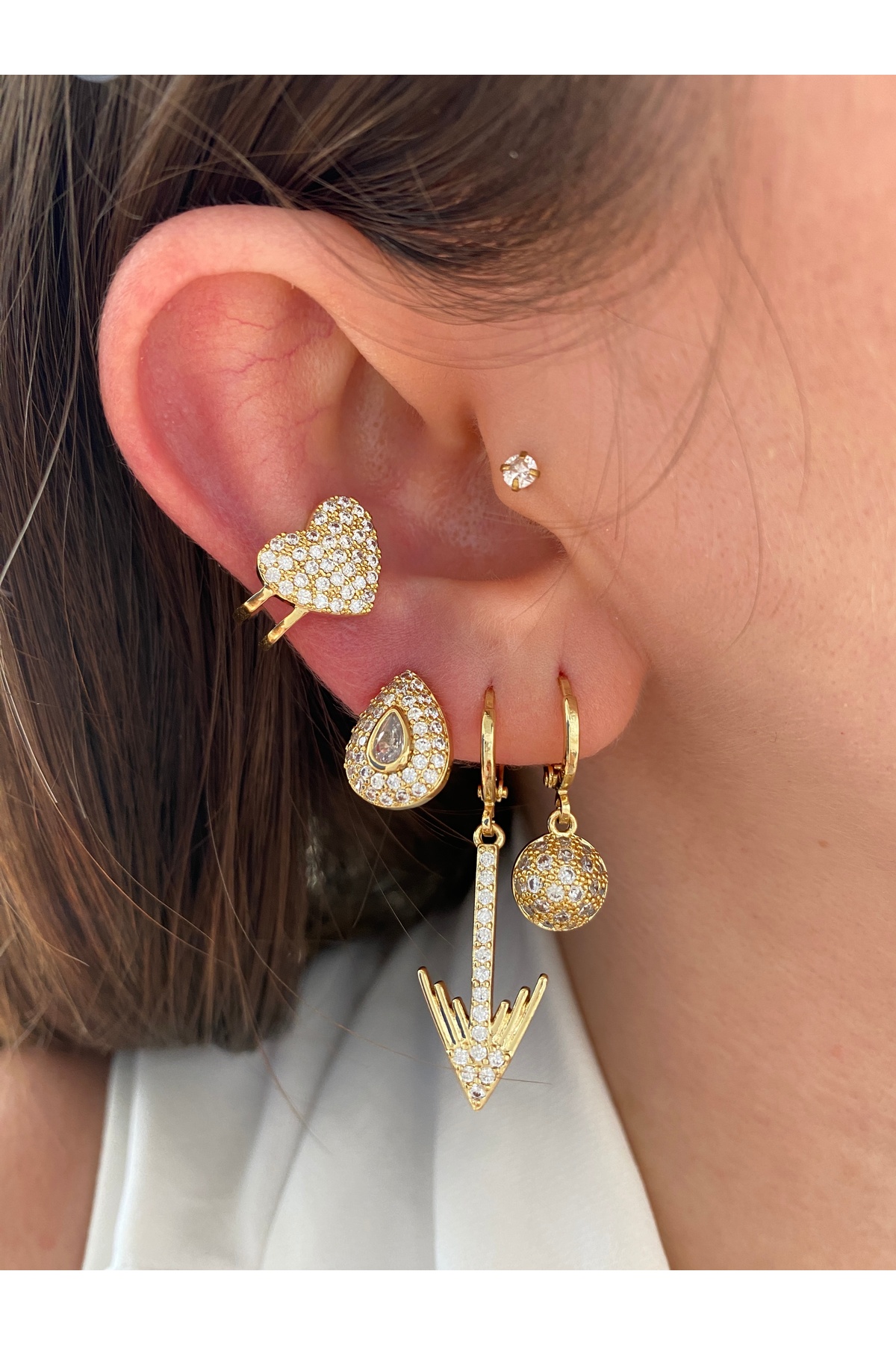 Zirkon Taşlı Kalp Kadın Earcuff Kıkırdak Küpe 2