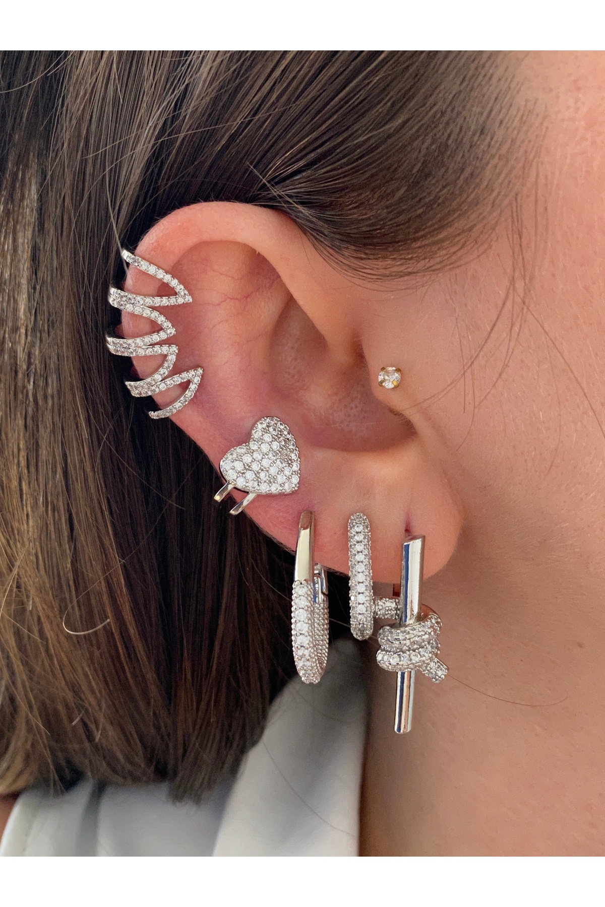 Zirkon Taşlı Kalp Kadın Earcuff Kıkırdak Küpe 5