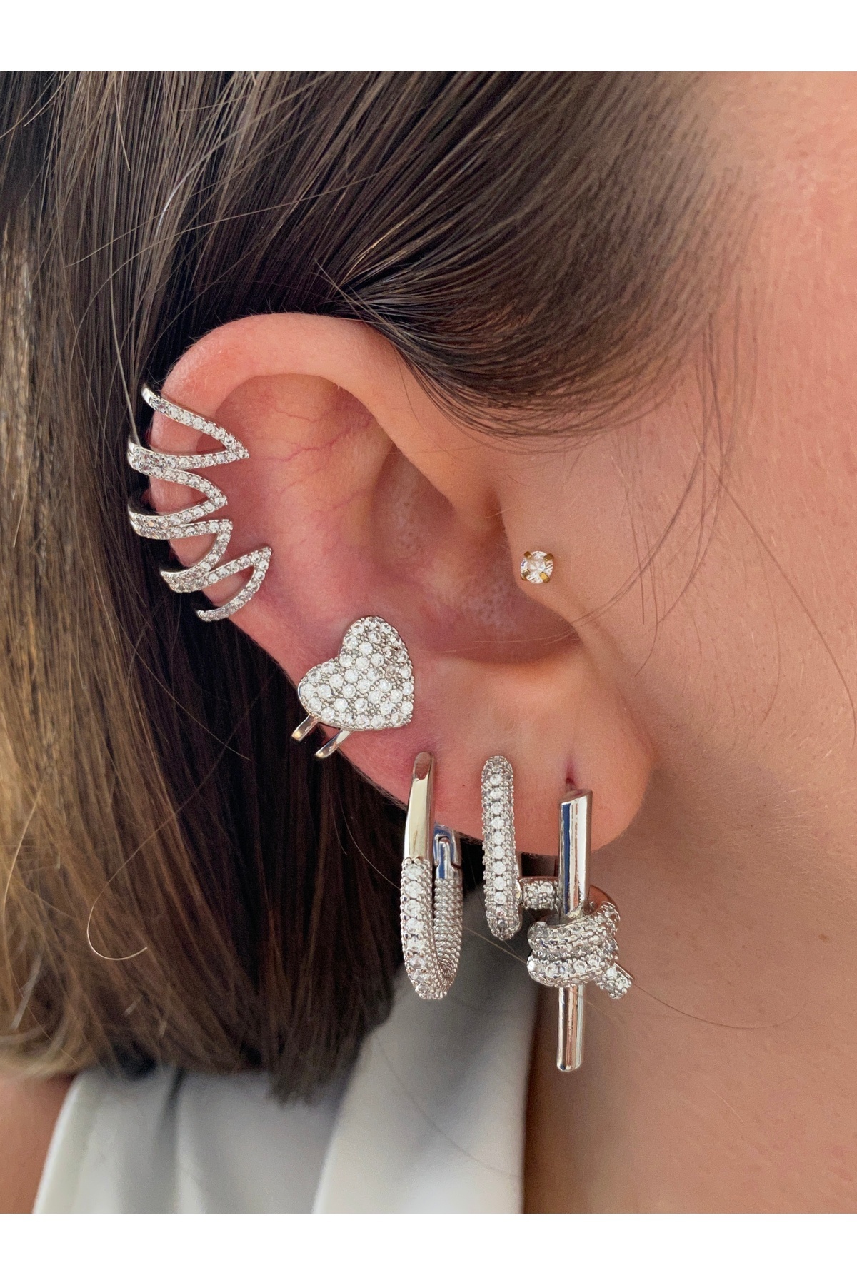 Zirkon Taşlı Kalp Kadın Earcuff Kıkırdak Küpe 3