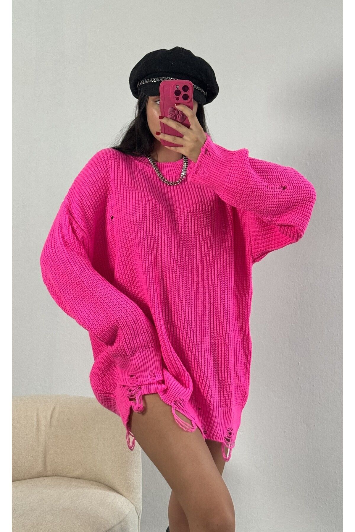 minaaise Fuchsia Long Ripped Oversize Knitwear Sweater 26031 Trendyol