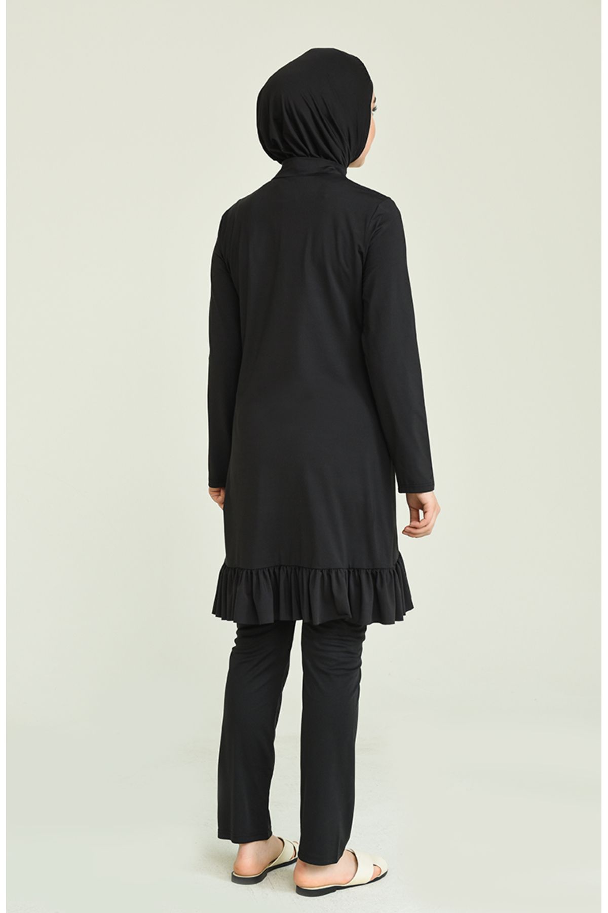 sefamerve-Schwarzer Hijab-Badeanzug mit Rüschensaum in Übergröße – 2218-01 3