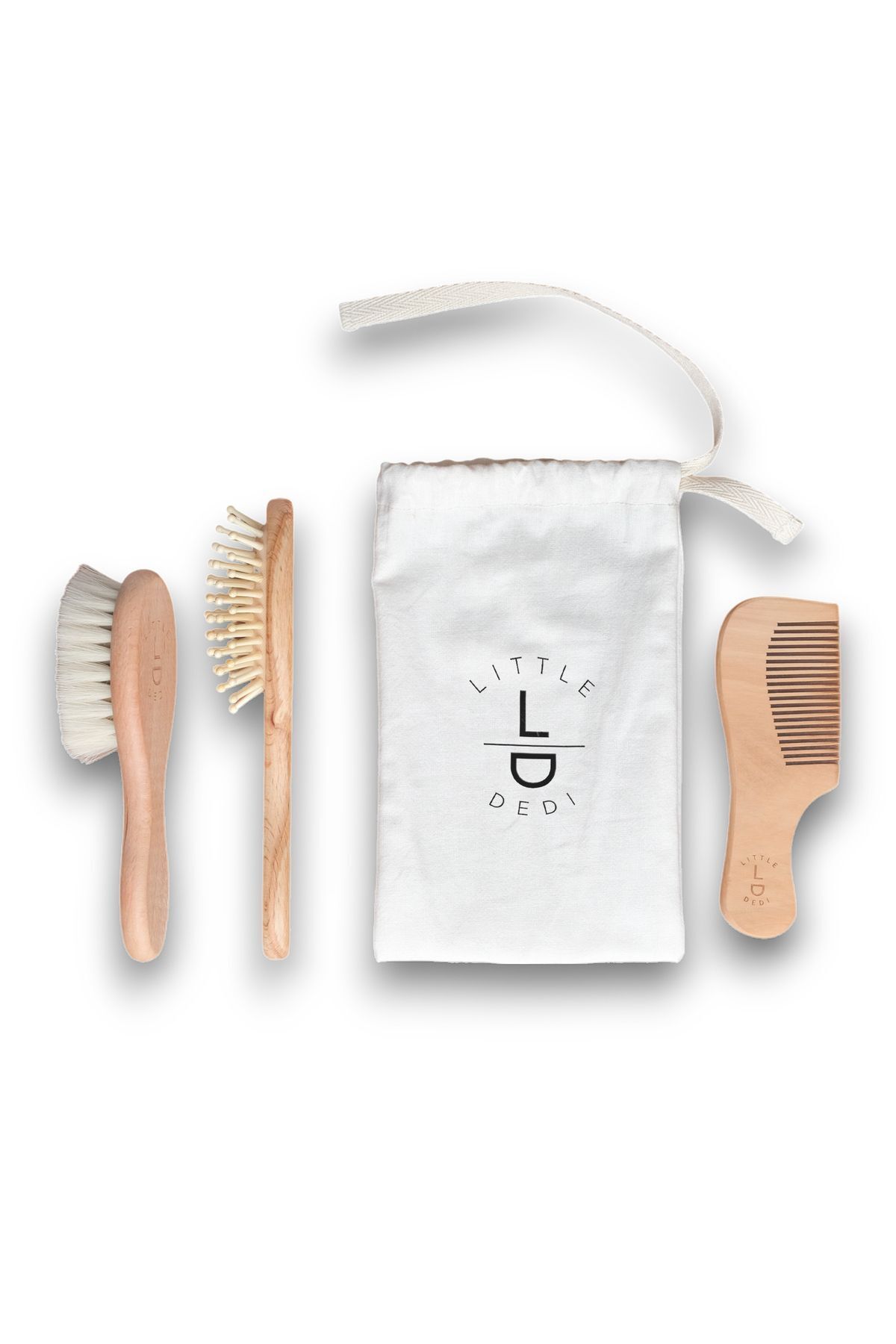 LITTLE DEDI Bebek Fırça Tarak Seti %100 Doğal Keçi Kılı Kayın Ahşap 3'lü Hediyelik Set
