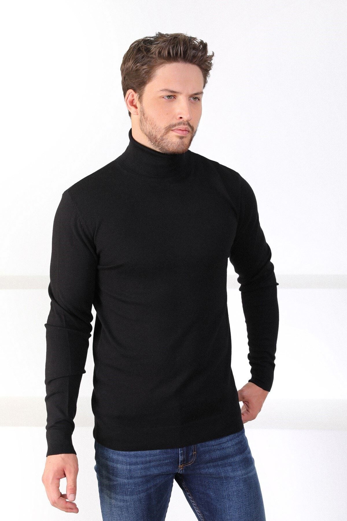 بافت و پلیور مردانه مشکی Ferraro | 3937-BalıkçıYaka اورجینال - تصویر 3