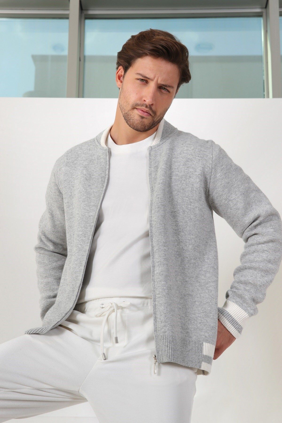 A.gray Bomber Collar Cashmere Men's Knitwear Cardigan