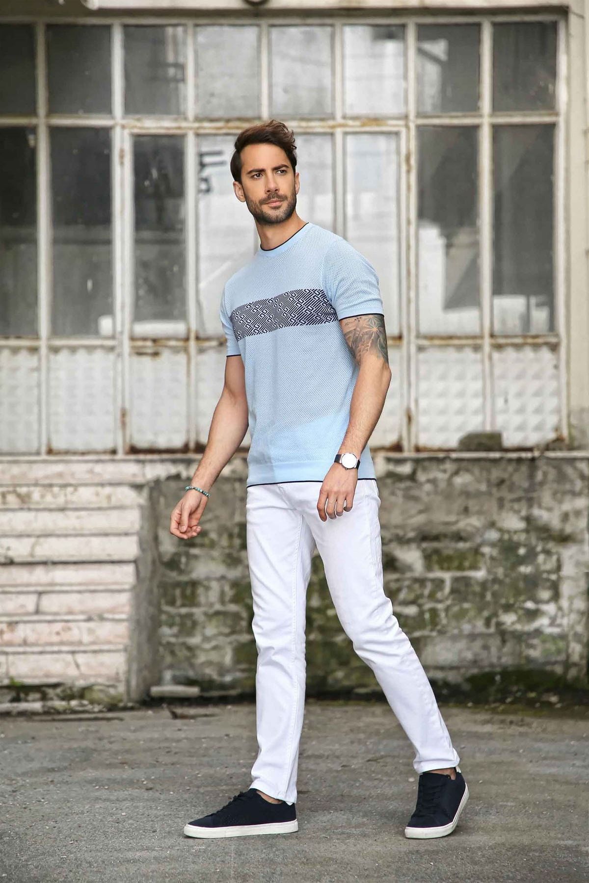 Ferraro-Tricou pentru bărbați, cu gât perforat, 100% bumbac, tricotaj - albastru bleumarin 4