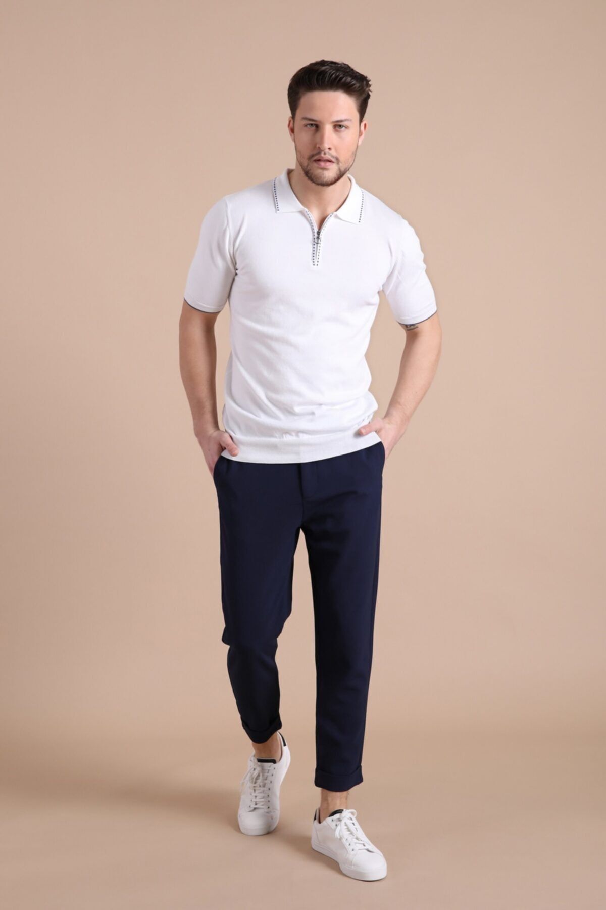 Ferraro-Tricou alb pentru bărbați, 100% bumbac, cu fermoar, cu guler polo 4