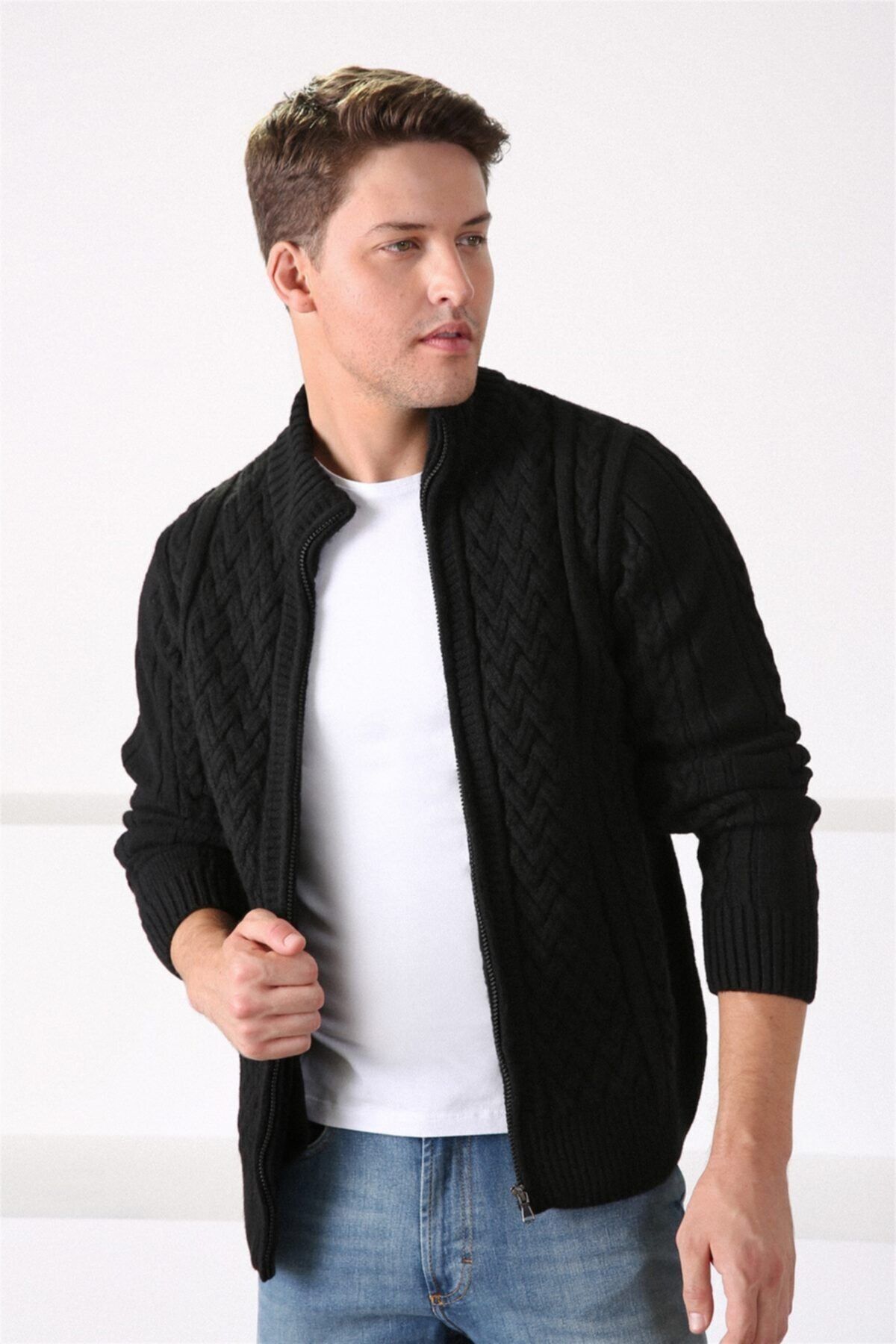 Ferraro  Erkek Siyah Fermuarlı Kalın Yün Triko Hırka