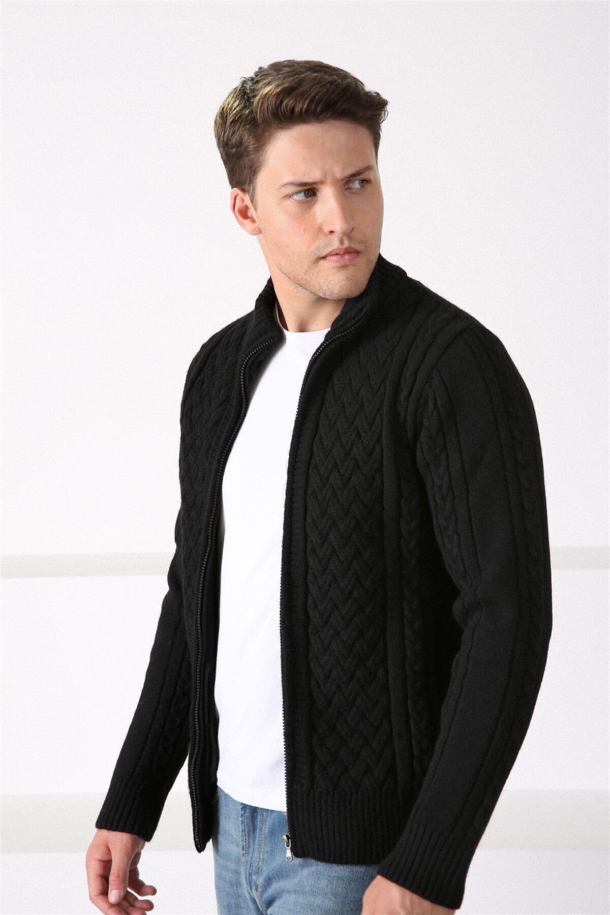 Ferraro  Erkek Siyah Fermuarlı Kalın Yün Triko Hırka - Görsel 5