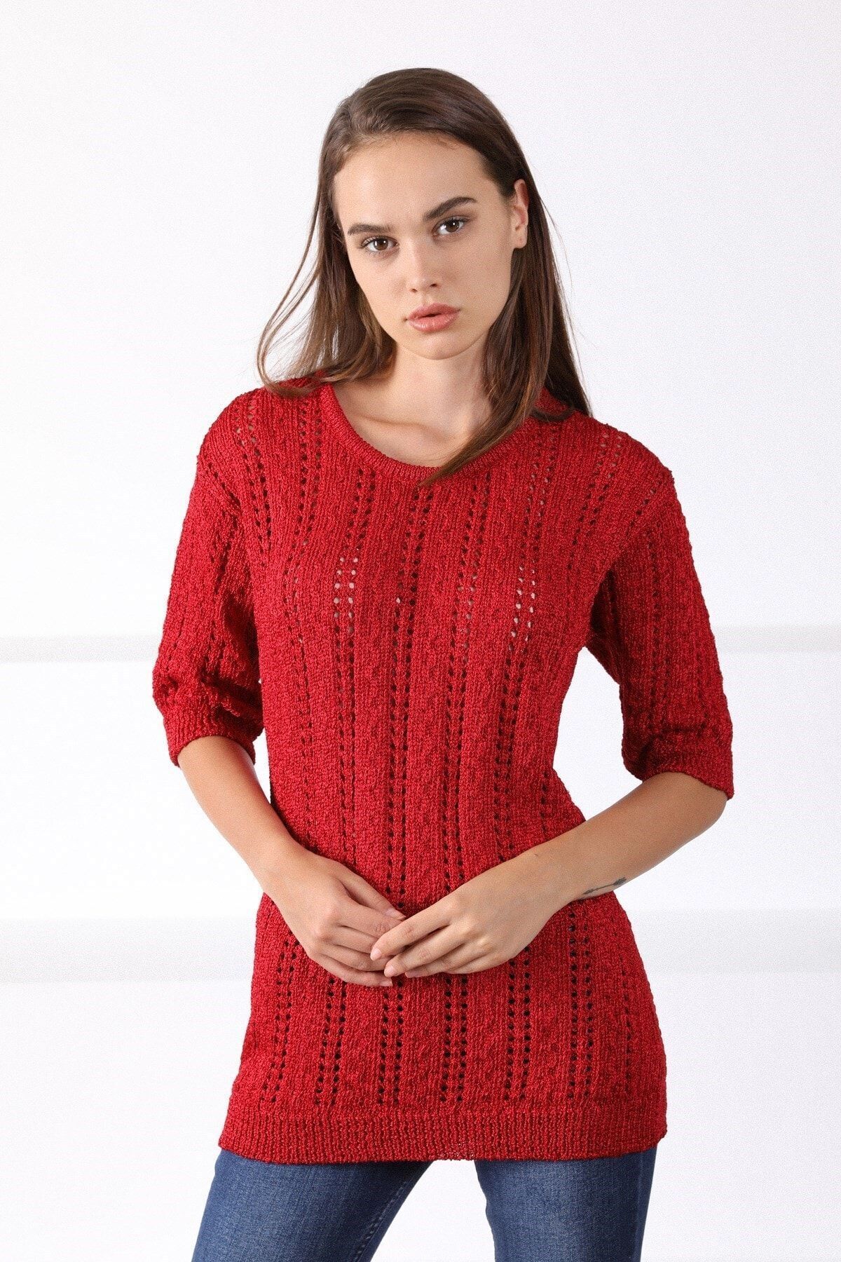 Ferraro-Women's Red Round Neck Openwork Knitwear Sweater 4