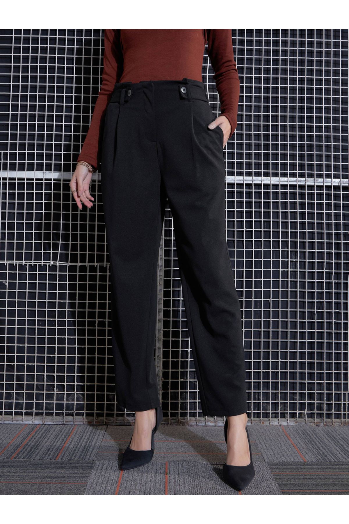 Sassafras By Styli-Front Button Paperbag Waist Pants 1
