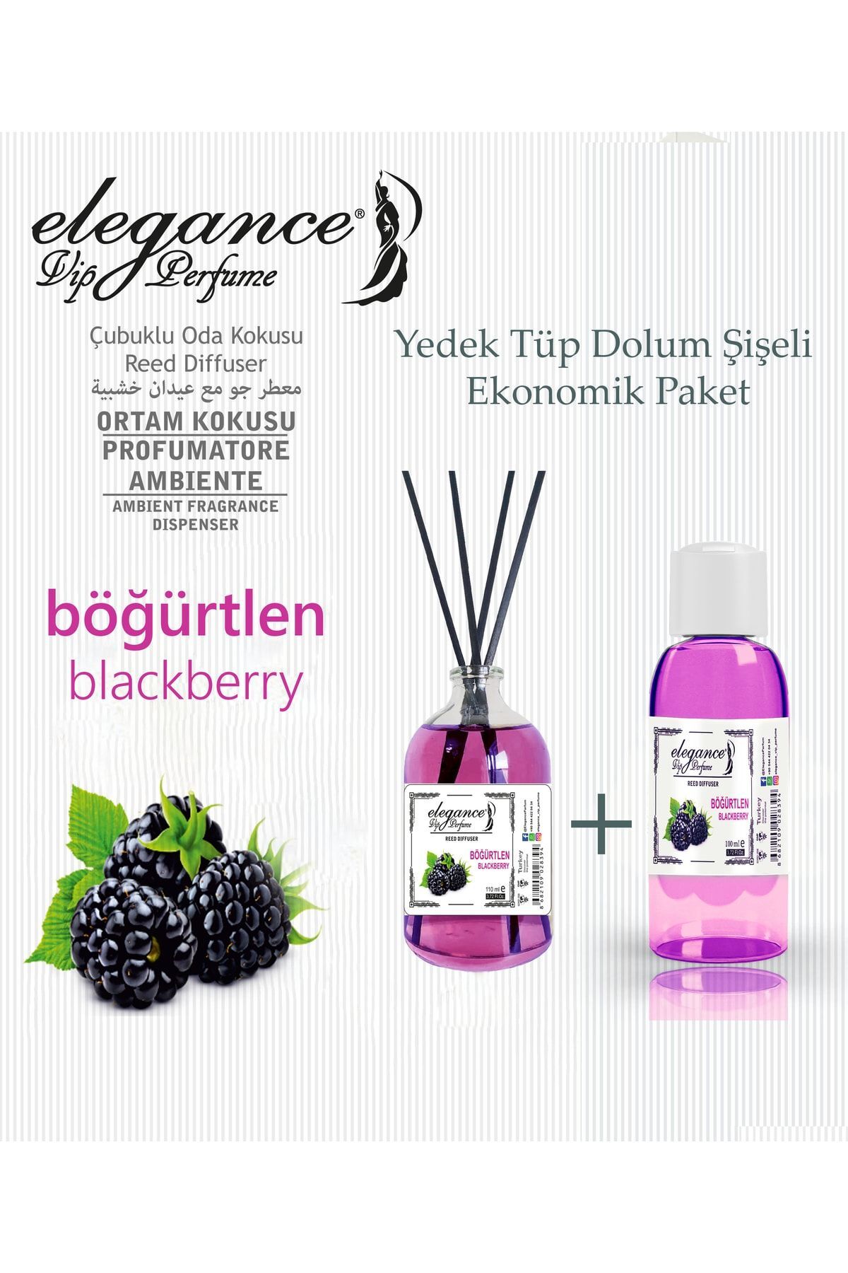 Böğürtlen 110 ml Çubuklu Oda Ortam Kokusu Yedek Tüp Dolum Şişeli