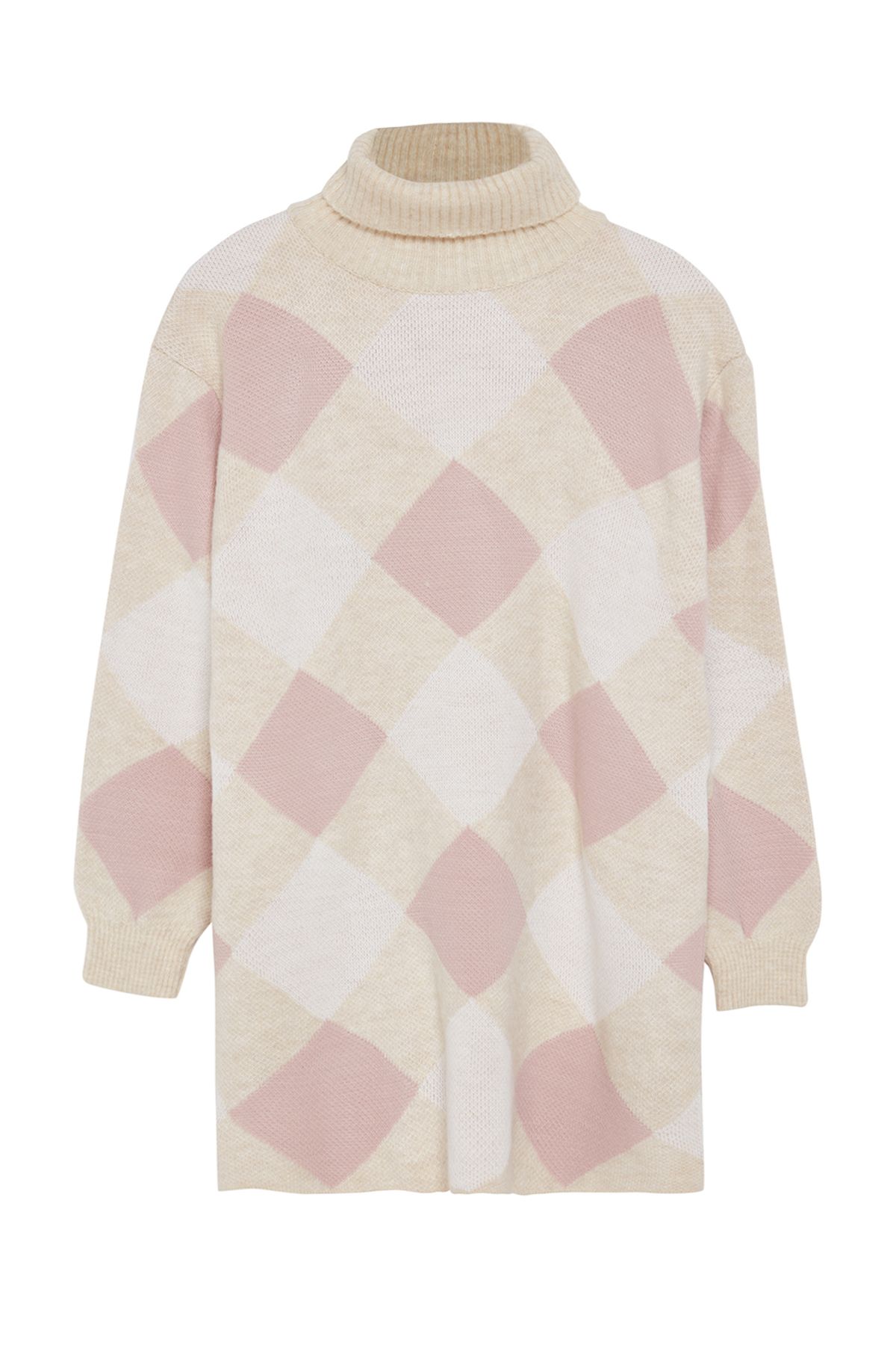 Trendyol Modest-Puderfarbener Strickpullover mit Karomuster/Farbblock TCTAW25AK00013 6