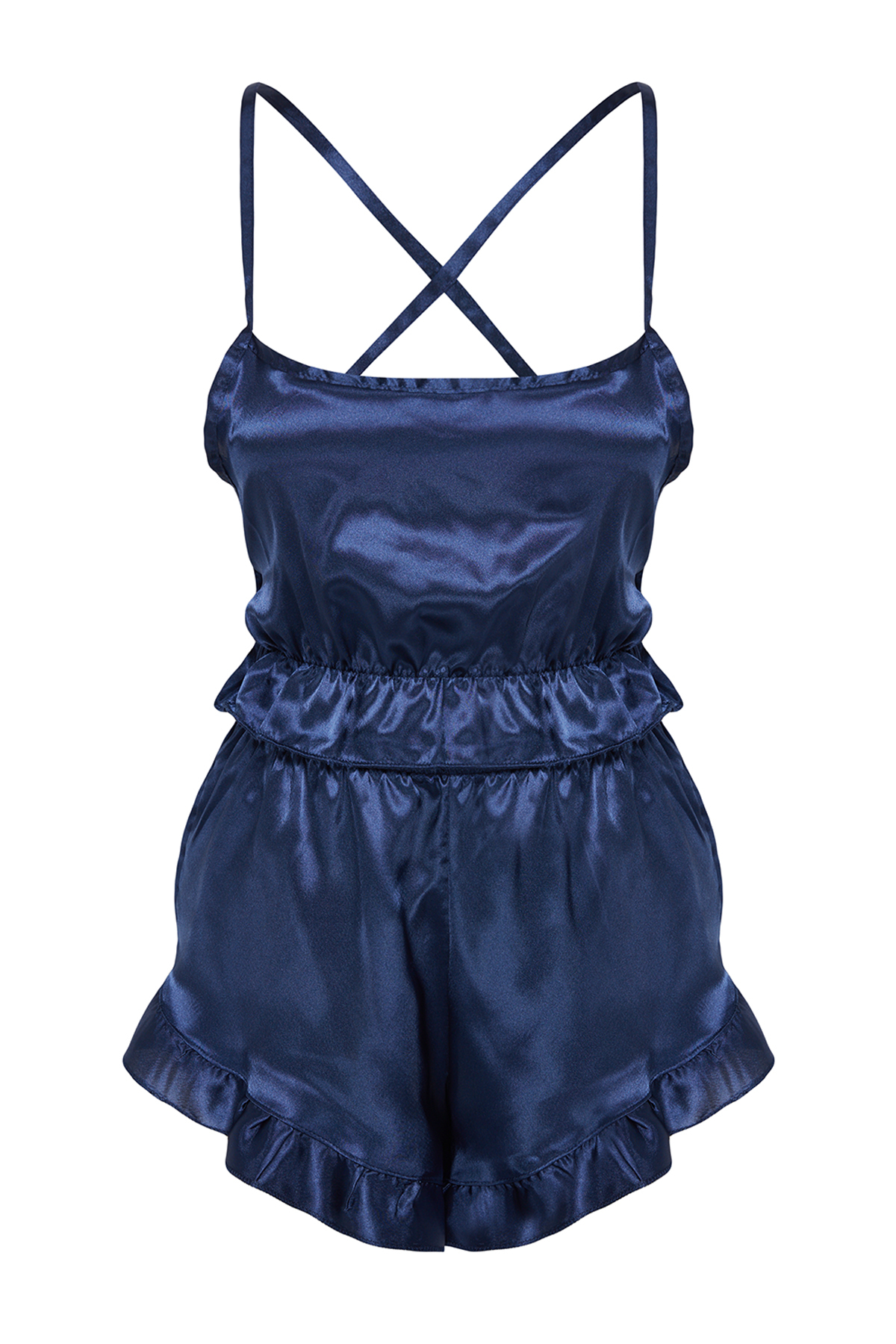 Pyjamas Strings Trendyol Collection Woven Pajama Set with Navy Blue Ruffles and Back ...