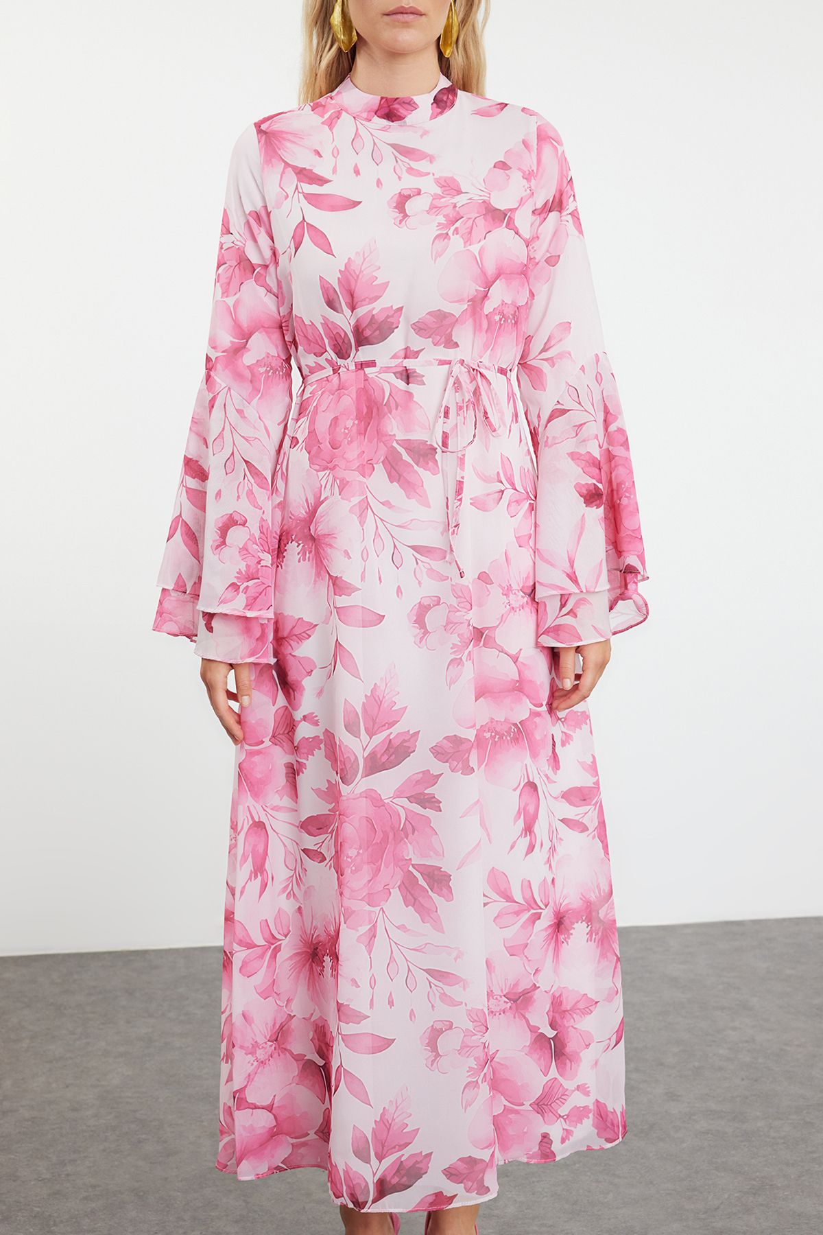 Trendyol Modest-Φούξια φόρεμα σιφόν με λουλουδάτο μοτίβο - με υφαντή επένδυση TCTSS24EB00276 3