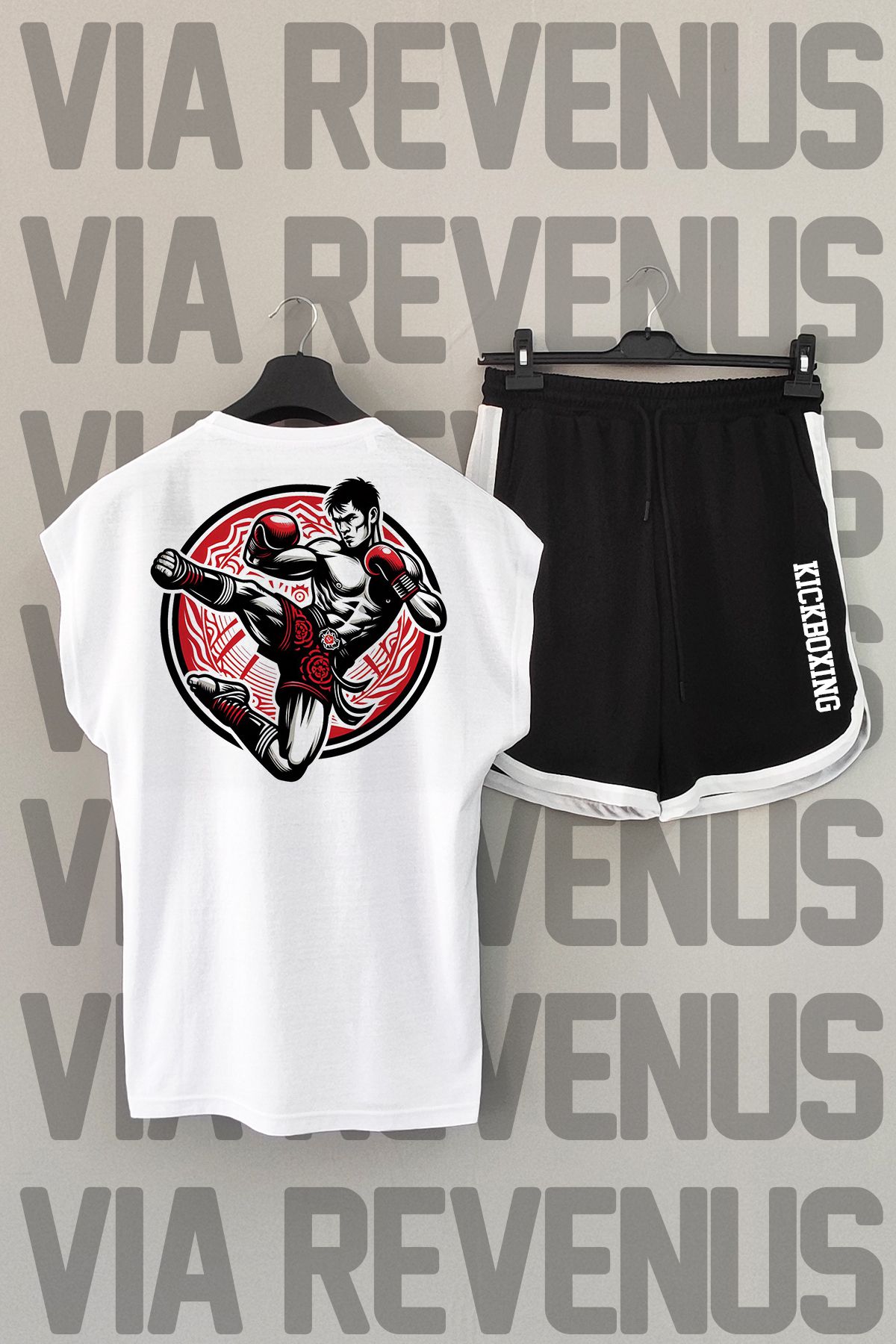 Vordevia Kickboxing - Set De Tricou Și Pantaloni Scurți Sport Cu Imprimeu În Spate Alb Și Negru Unisex - S
