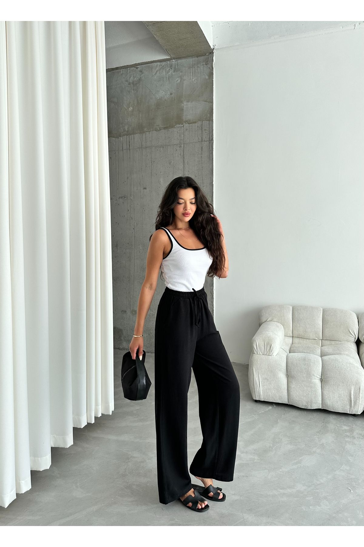 Laluvia-Schwarze Hose aus Baumwollleinen mit elastischem Bund 3490 6